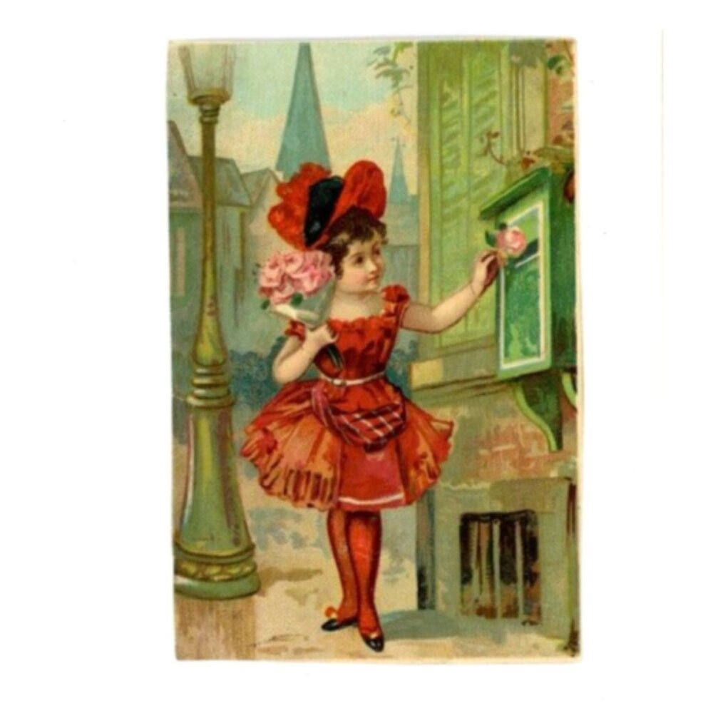 1880's Victorian Trade Card Lovely Little Girl In Red Fancy Dress Hat Hose Rose!